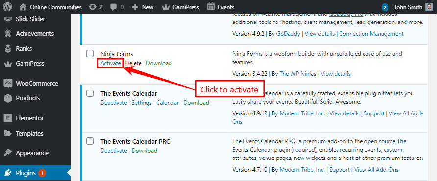  Activating the Ninja Forms plugin 