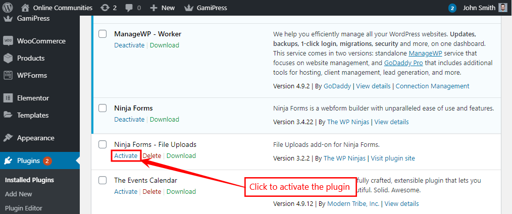 Ninja Forms - File Uploads Add-on - Activating the plugin