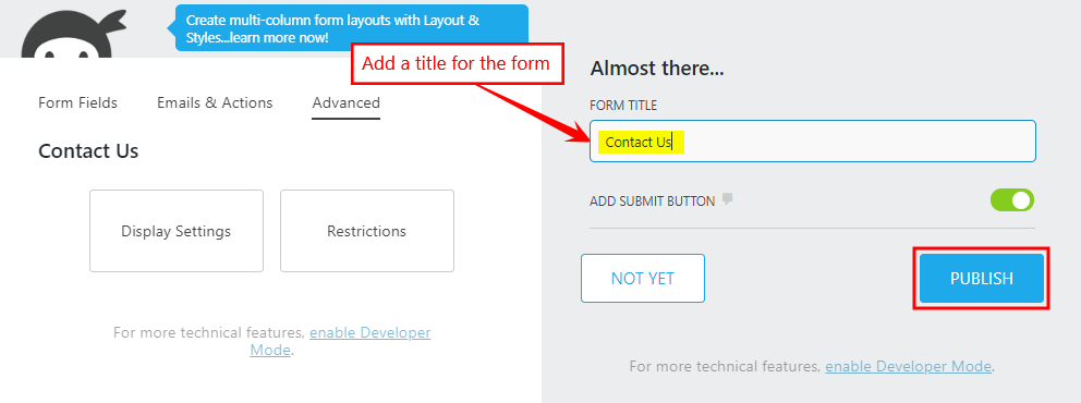 Ninja Forms - Adding a title and publishing a form