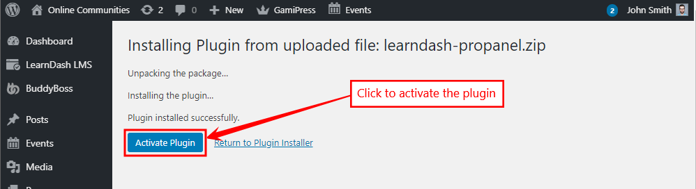 ProPanel for LearnDash - Activating the plugin