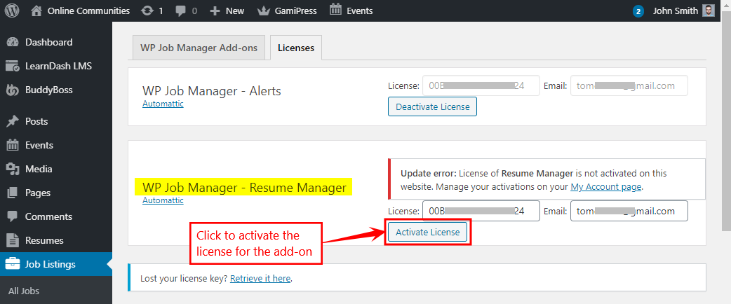 WP Job Manager - Resume Manager - Activating the license
