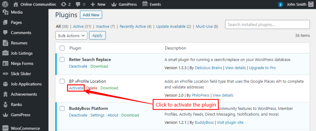 BP xProfile Location - Activating the plugin