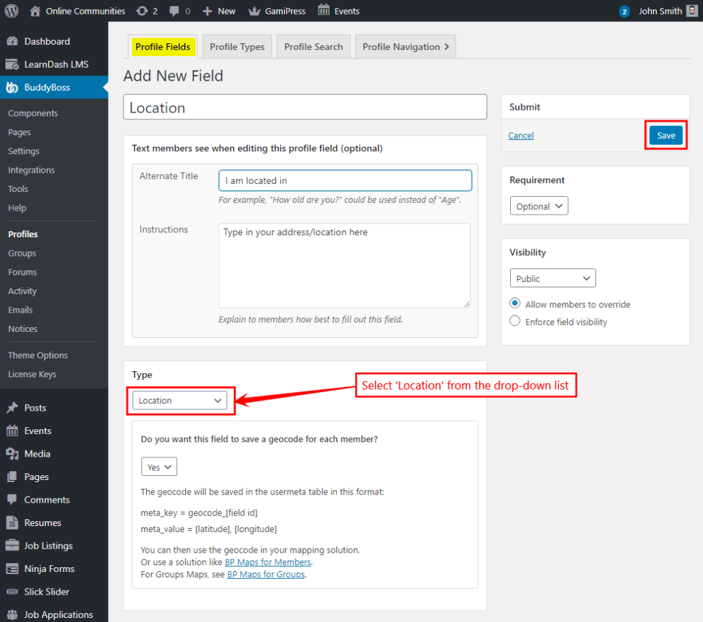 BP xProfile Location - Creating a new profile field for location