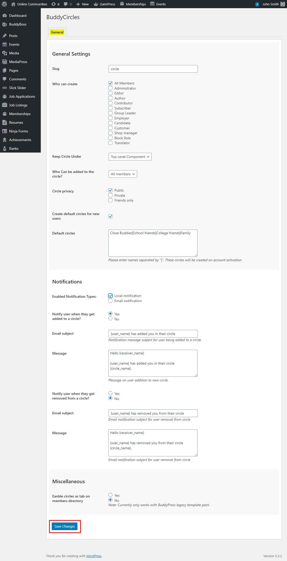 BuddyCircles - BuddyPress User Circles - Setting up the plugin