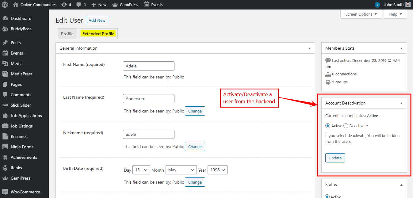 BuddyPress Deactivate Account - Activating or Deactivating a user from the backend