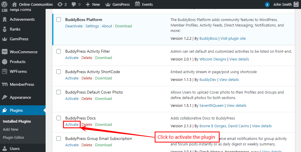 BuddyPress Docs - Activating the plugin