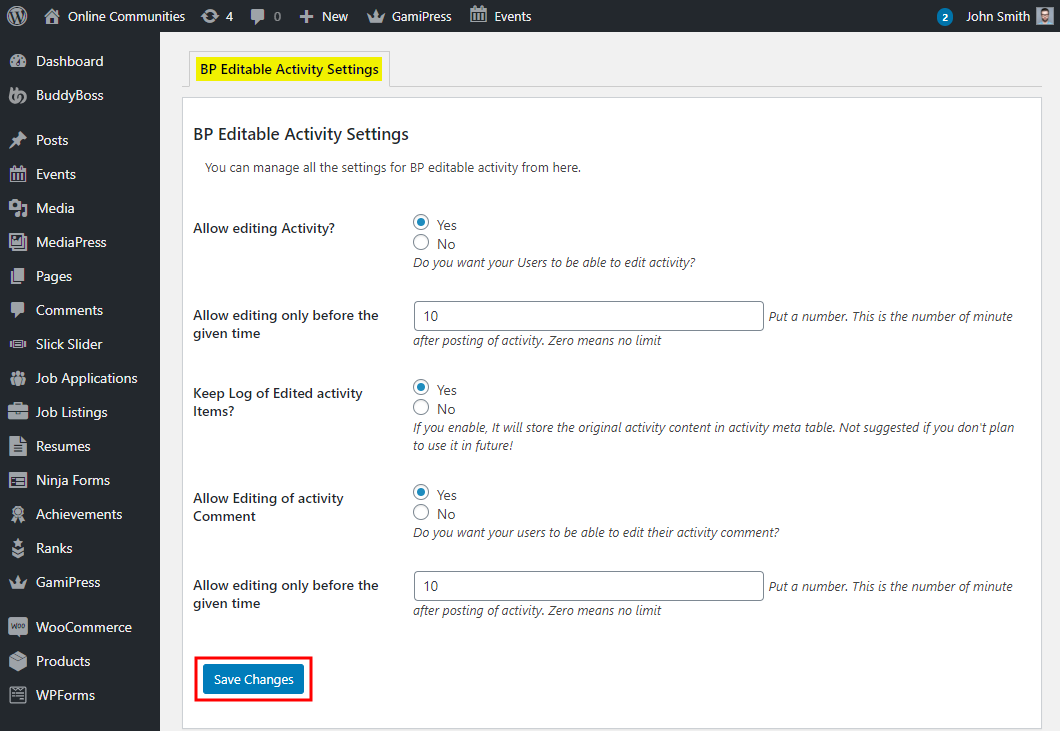 BuddyPress Editable Activity - Setting up the plugin