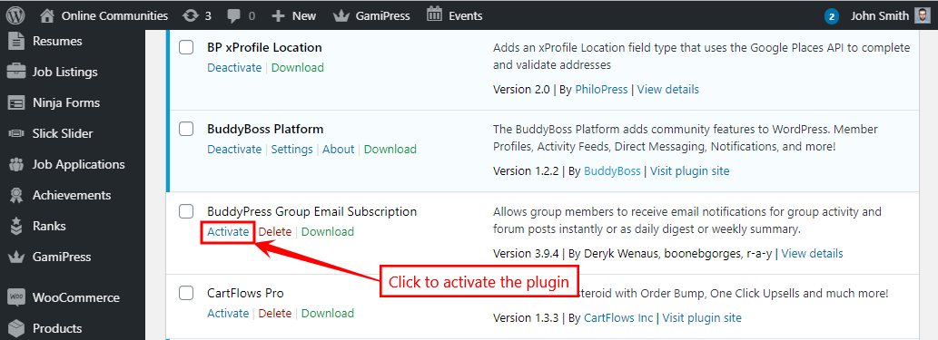 BuddyPress Group Email Subscription - Activating the plugin