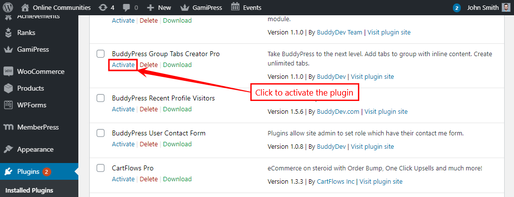 BuddyPress Group Tabs Creator Pro - Activating the plugin