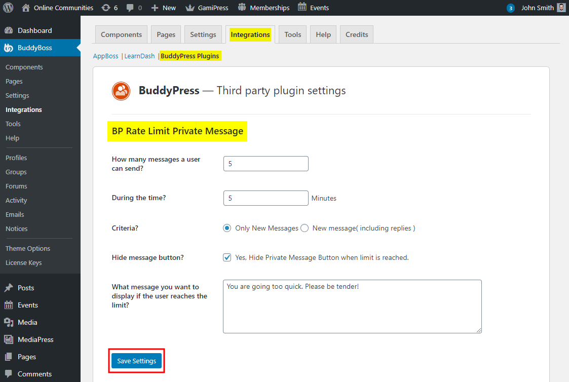 BuddyPress Private Message Rate Limiter - Setting up the plugin