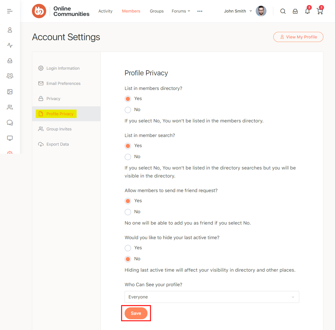 BuddyPress Profile Visibility Manager - Profile Privacy settings of a user