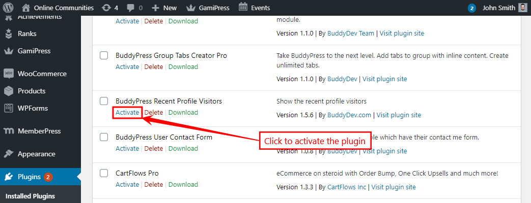 BuddyPress Recent Profile Visitors - Activating the plugin