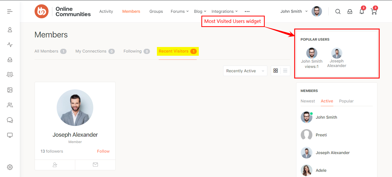 BuddyPress Recent Profile Visitors - Recent Visitors on the Members page and Most Visited Users widget