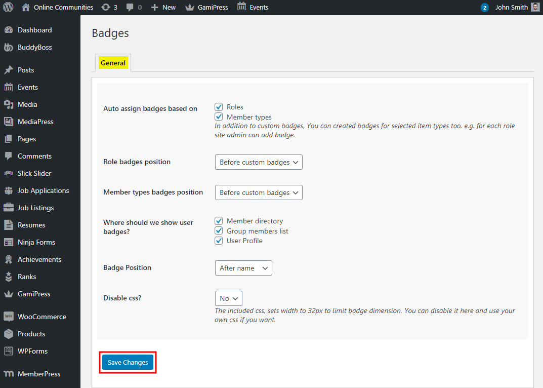 BuddyPress User Badges - Setting up the plugin