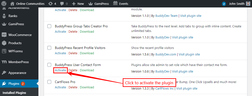 BuddyPress User Contact Form - Activating the plugin