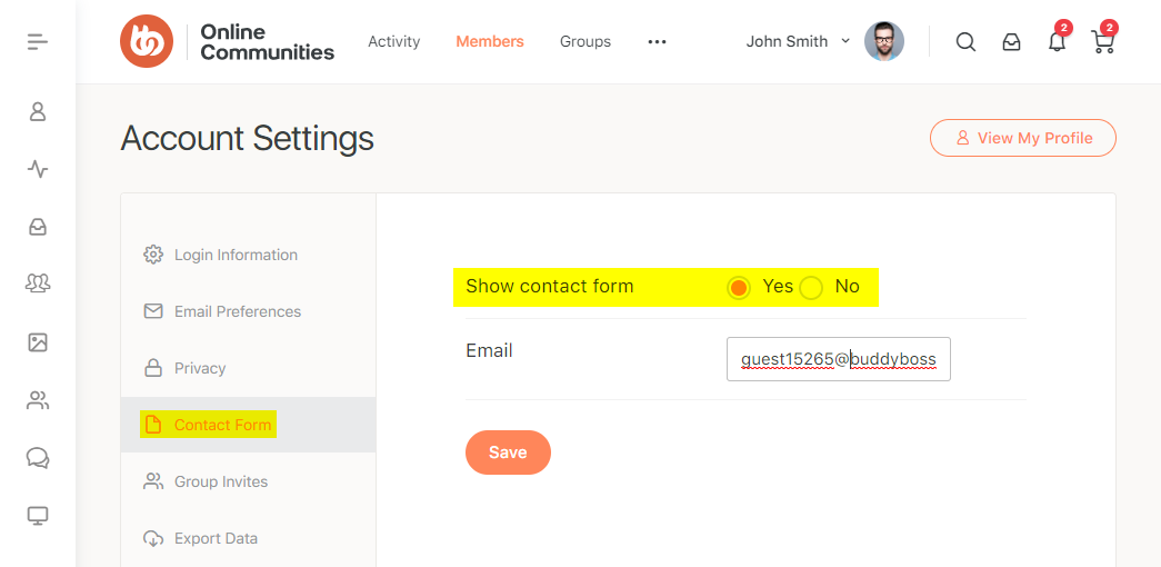 BuddyPress User Contact Form - Showing or hiding the contact form on profile