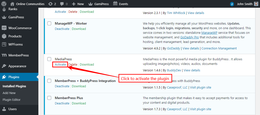 MediaPress - Activating the plugin