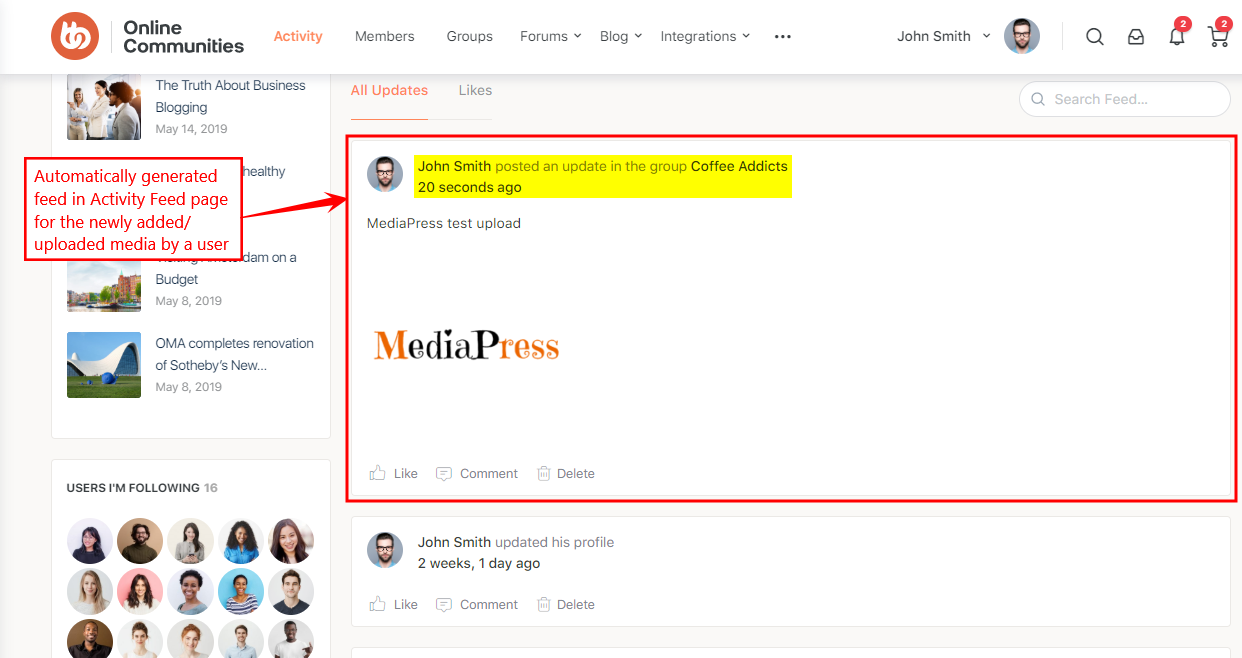 MediaPress - Activity feed for a new media