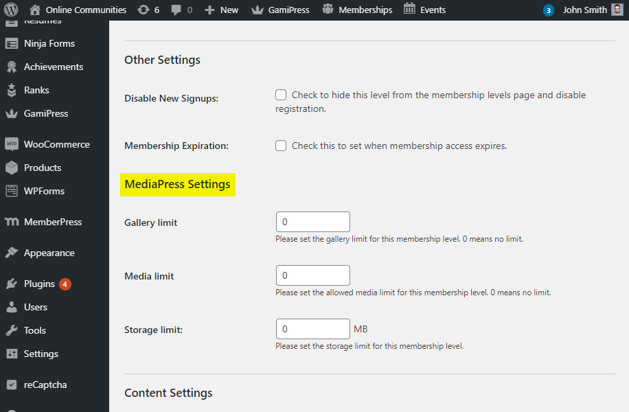 MediaPress Paid Memberships Pro Restrictions - MediaPress settings for a membership level