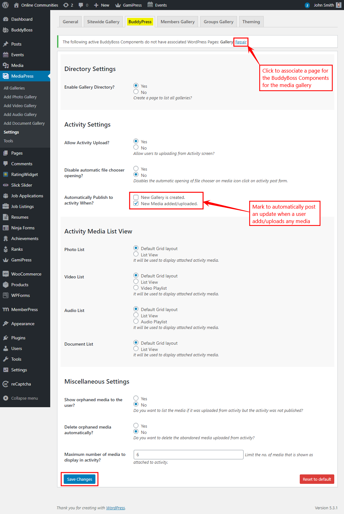 MediaPress - Setting up the plugin for BuddyPress