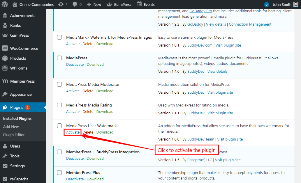 MediaPress User Watermark - Activating the plugin