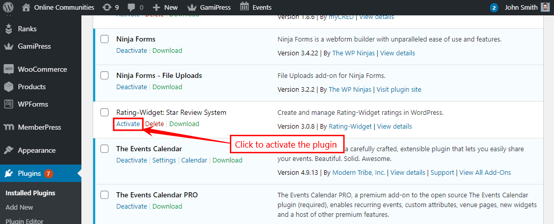 RatingWidget - Activating the plugin