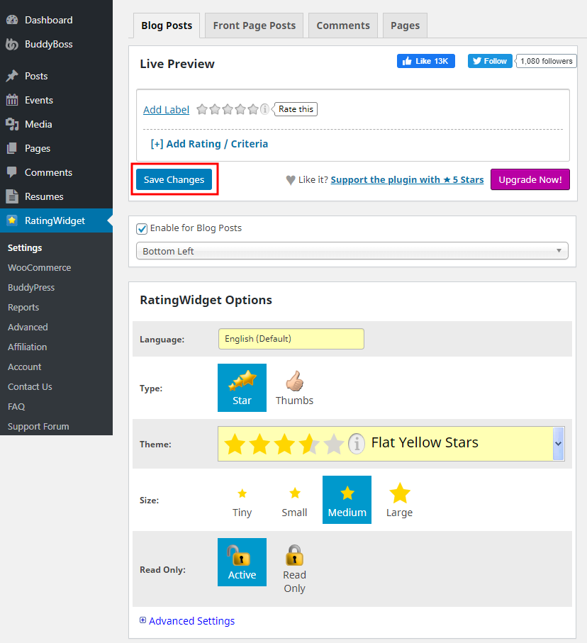 RatingWidget - Setting up the plugin