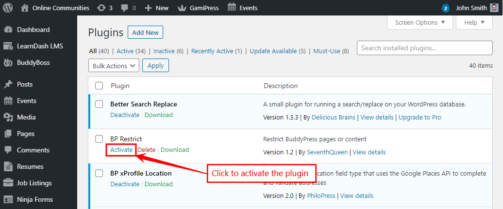 Restrictions for BuddyPress - Activating the plugin