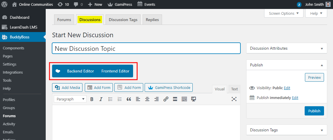 WPBakery Page Builder - WPBakery Page Builder button on the Create New Discussion page for BuddyBoss Platform