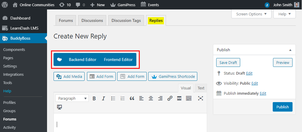 WPBakery Page Builder - WPBakery Page Builder button on the Create New Reply page for BuddyBoss Platform
