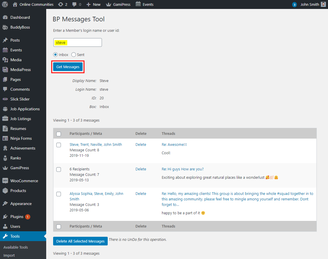BP Messages Tool - Managing sent and received messages