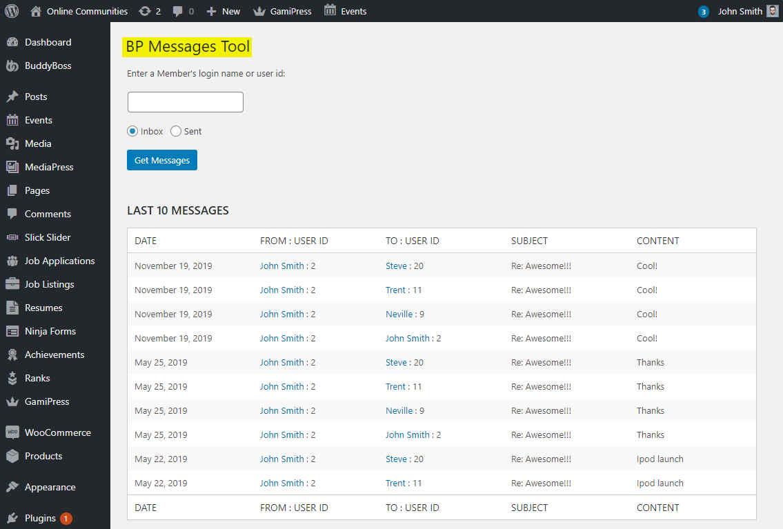 BP Messages Tool - WordPress Dashboard - Tools - BP Messages