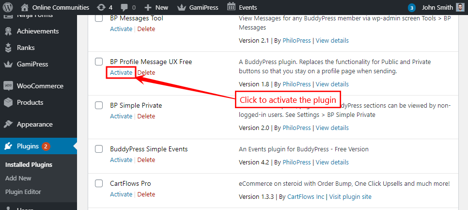 BuddyMessageUX Free - Activating the plugin