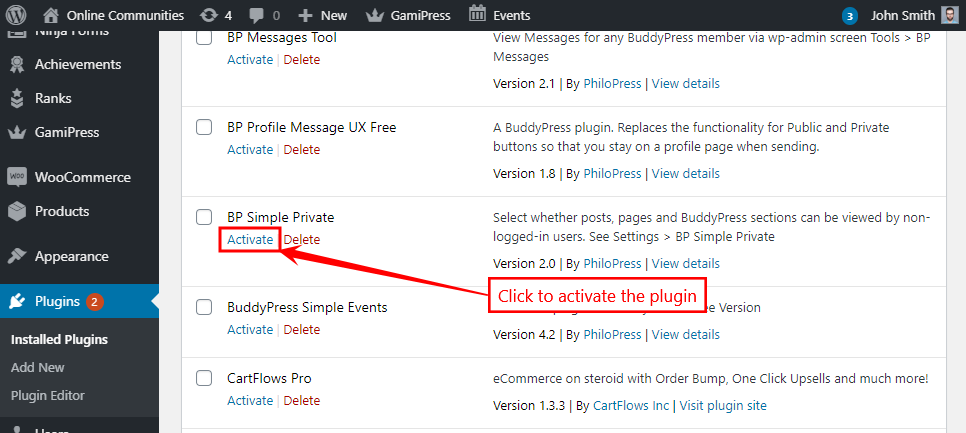 BP Simple Private - Activating the plugin