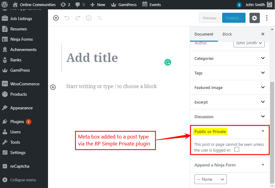 BP Simple Private - Meta box on a post type