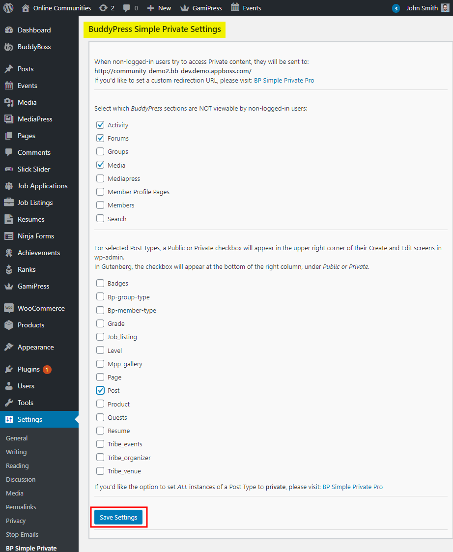 BP Simple Private - Setting up the plugin