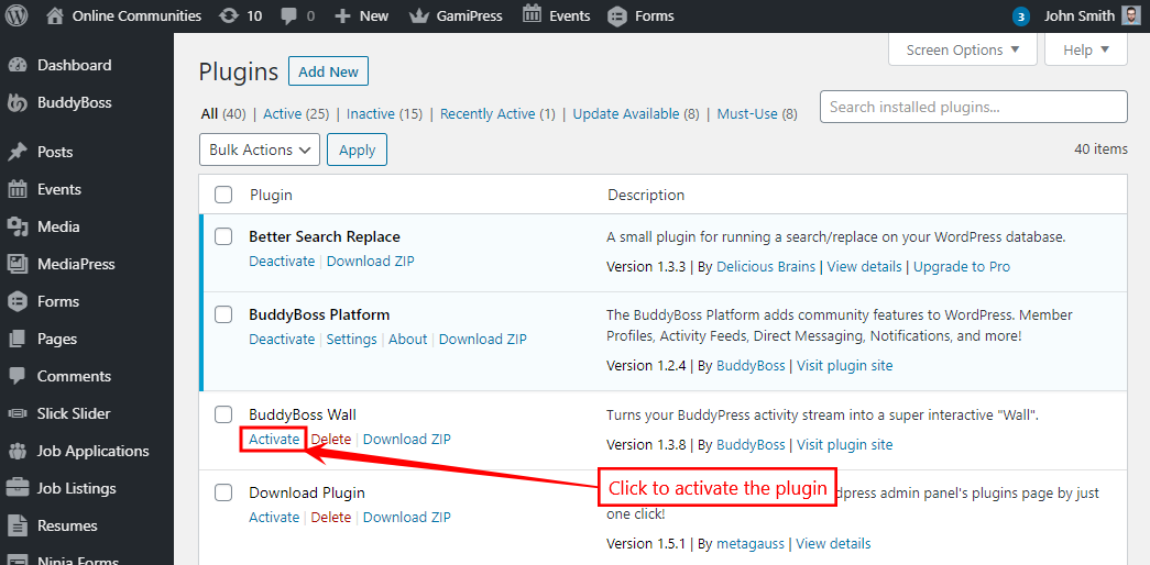 BuddyBoss Wall - Activating the plugin