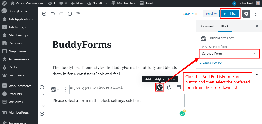 BuddyForms - Adding the form to a page