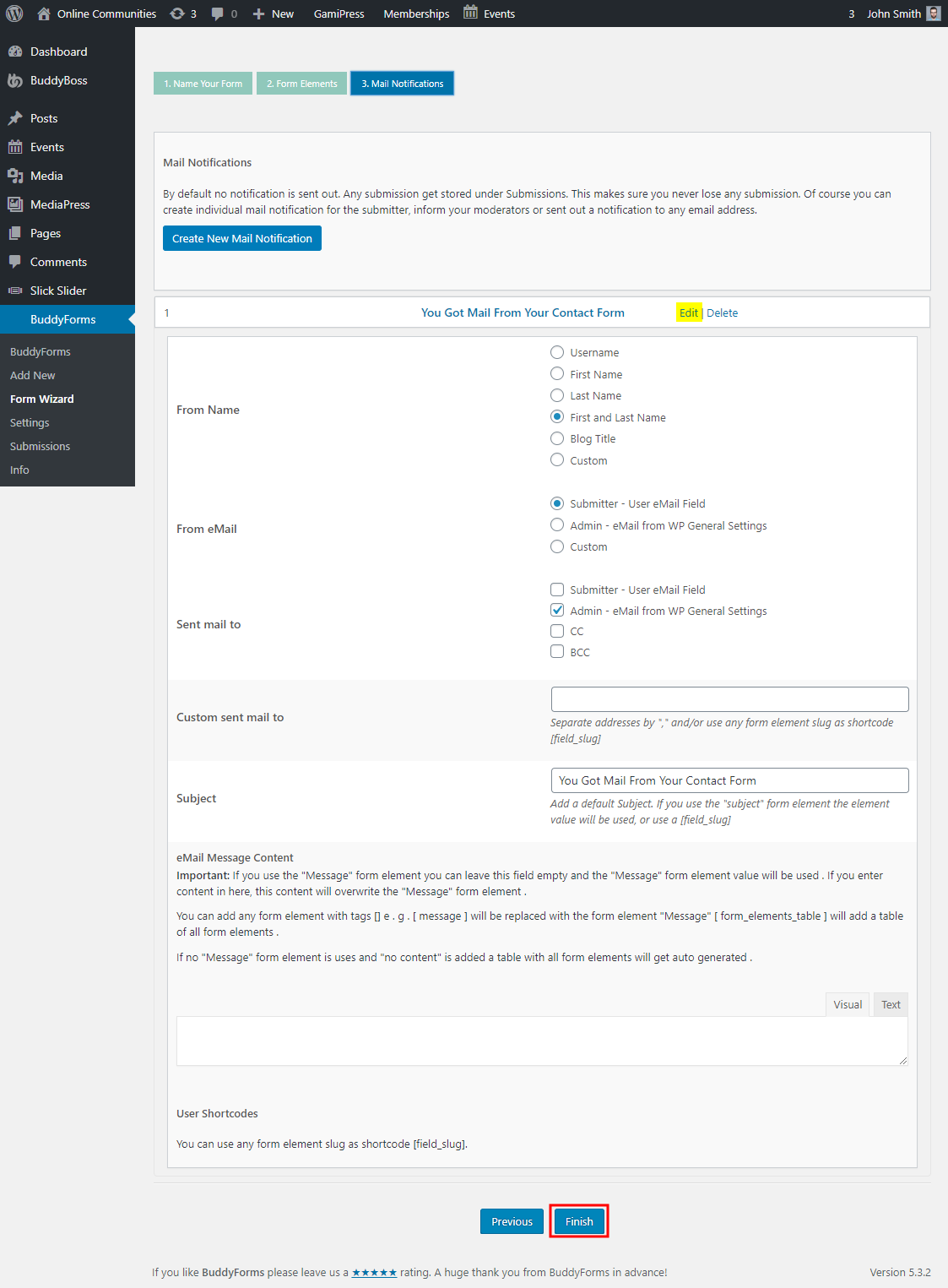 BuddyForms - Editing the form submission notifications