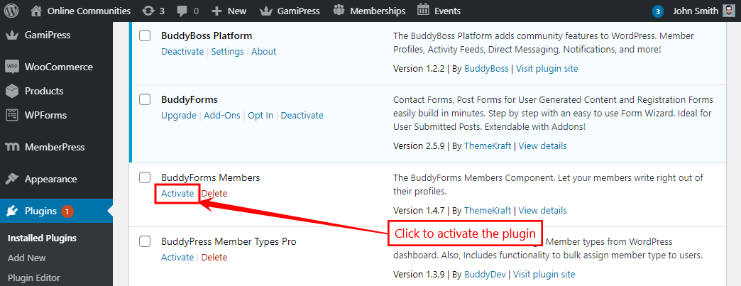 BuddyForms Members - Activating the plugin