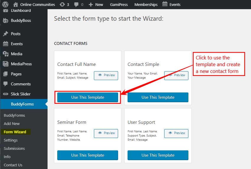 BuddyForms - Selecting a form template