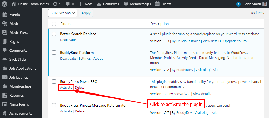 BuddyPress Power SEO - Activating the plugin