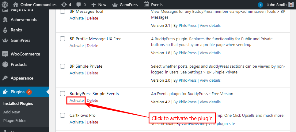 BuddyPress Simple Events - Activating the plugin