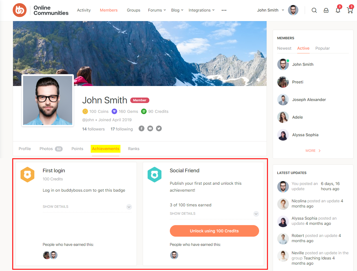 GamiPress + BuddyPress Integration - Achievements tab on a user's profile