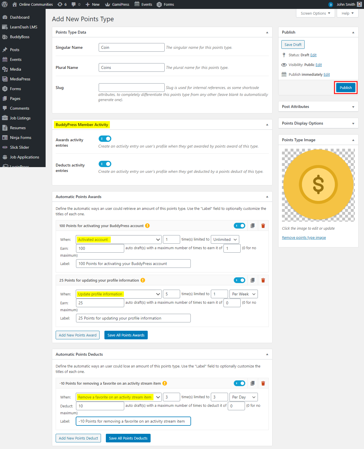 GamiPress + BuddyPress Integration -Creating a new point type for BuddyPress events