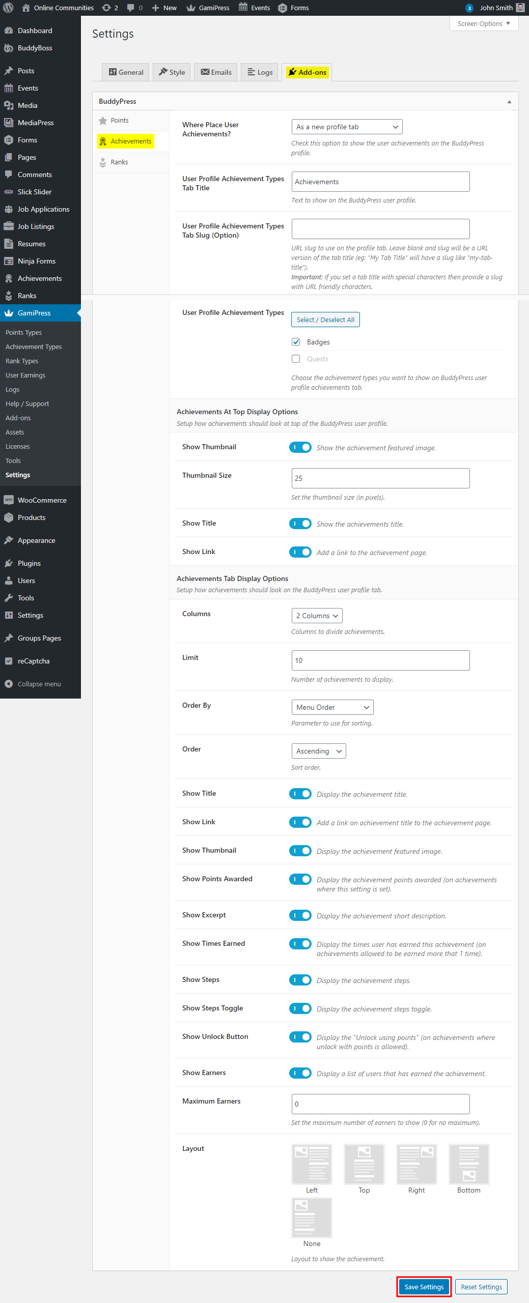 GamiPress + BuddyPress Integration - Setting up the add-on - Display Achievements on a user's profile