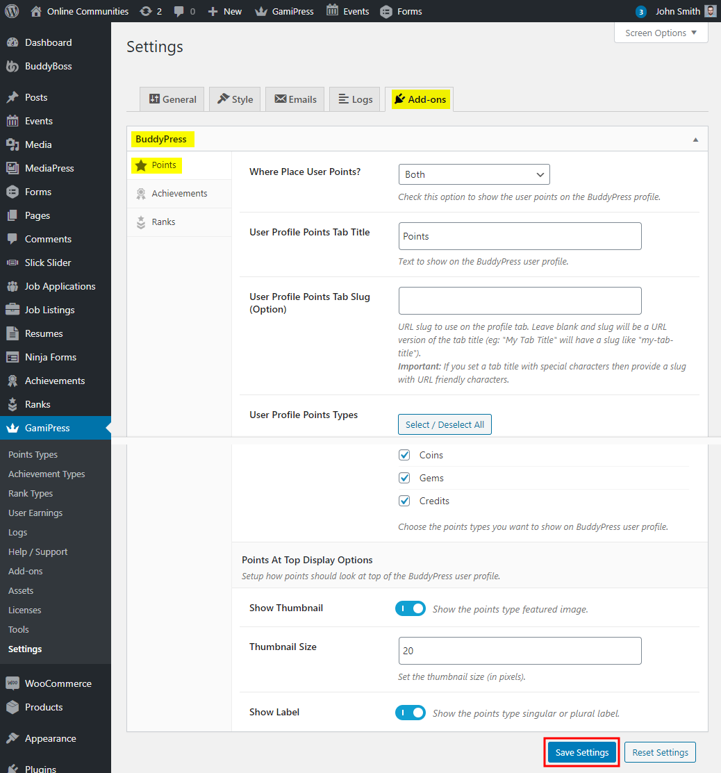 GamiPress + BuddyPress Integration - Setting up the add-on - Display Points on a user's profile