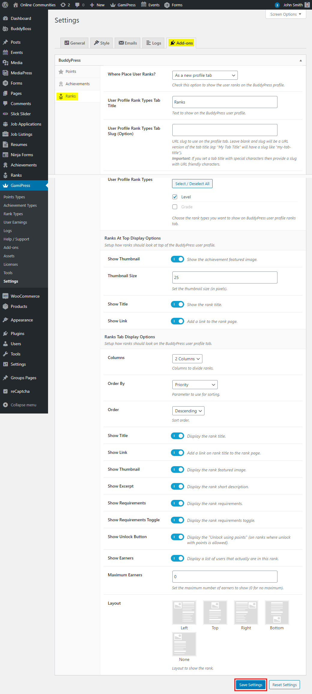 GamiPress + BuddyPress Integration - Setting up the add-on - Display Ranks on a user's profile