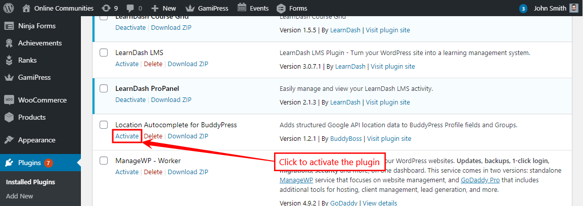 Location Autocomplete for BuddyPress - Activating the plugin