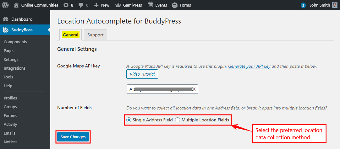 Location Autocomplete for BuddyPress - Setting up the plugin